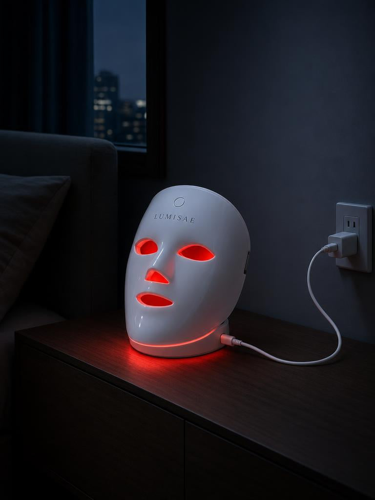 Lumisae mask charging on a nightstand at night