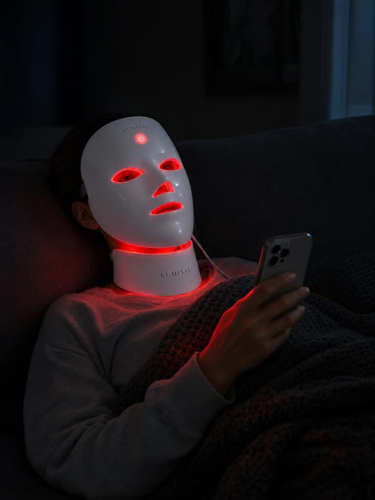 Woman resting on a sofa wearing the Lumisae mask